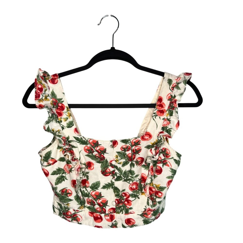 Midnight Sky Cherry Print Ruffle Strap Cropped Top Corset Size Medium Rockabilly